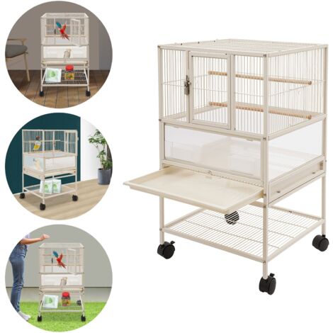 Grande cage à oiseaux 48,5 x 46 x 83 cm, volière avec 2 perchoirs, cage à perroquets avec freins, cage à perruches avec 2 mangeoires, bac à litière intégré