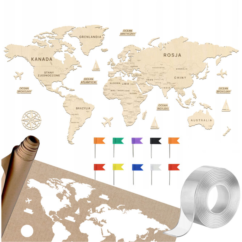 Grande CARTE DU MONDE au mur PAYS ET CAPITALES 180cm Carte du monde en contreplaqué