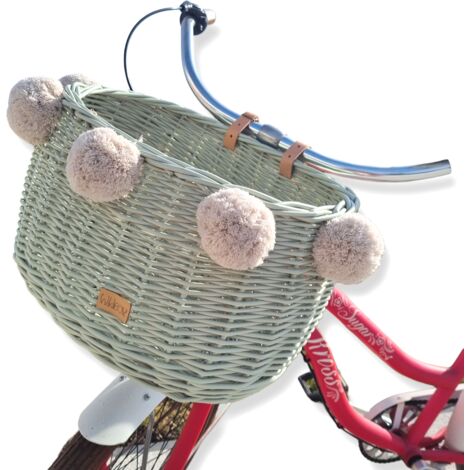 Grande cestino per bicicletta in vimini color oliva con cinghie Dumpy e pompon