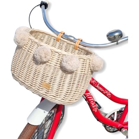 Grande cestino per bicicletta in vimini ecrù con cinghie Dumpy e pompon
