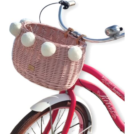 Grande cestino per bicicletta in vimini rosa con cinghie Dumpy con pompon