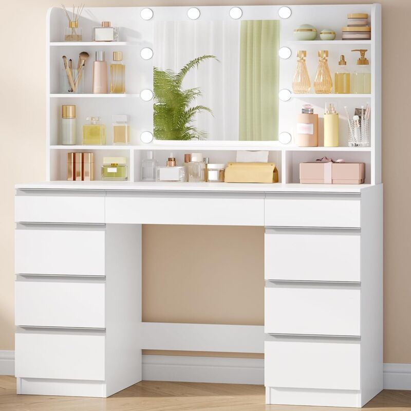 Coiffeuse avec éclairage LED 10 lumières – Miroir HD – 9 tiroirs