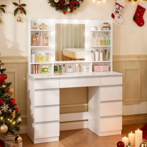 AUTRES Grande Coiffeuse avec Éclairage LED,3 Couleurs, Miroir, 9 Tiroirs