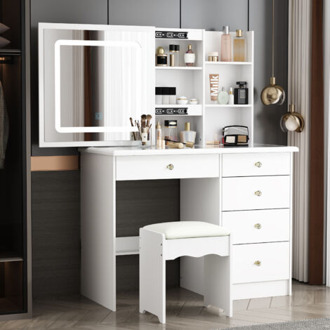 Grande Coiffeuse avec Grand Plateau en Verre avec éclairage 3 Couleurs, Miroir et Tabouret, 5 tiroirs, Coiffeuse avec 4 étagères, Blanche, 50 x 100 x 136 cm, MDF, HUPODE210203-01