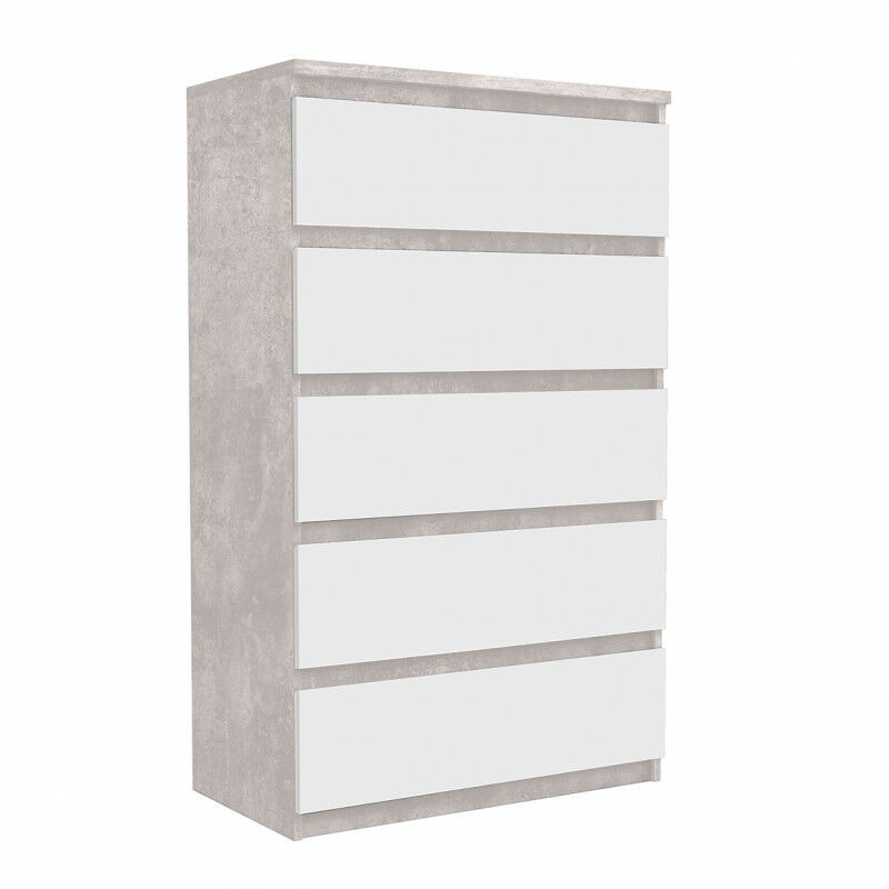 Grande commode 5 tiroirs blanc et décor béton gris clair - BENNY - Gris