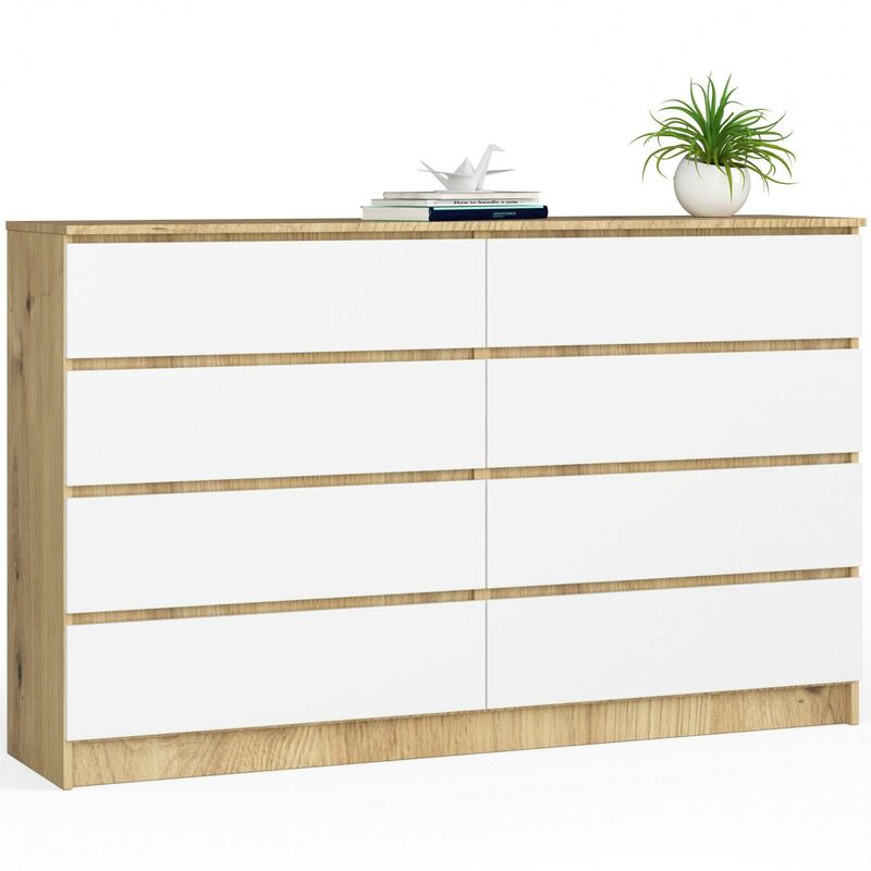 Grande Commode pour le salon Akord K160 Chêne Artisan 160 cm 8 tiroirs façade Blanche 160x40x99 cm