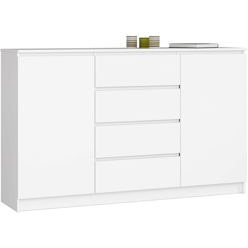 Grande Commode pour le salon Akord K160 Blanche 160 cm 2 portes 4 tiroirs façade Blanche 4 étagères 160x40x99 cm
