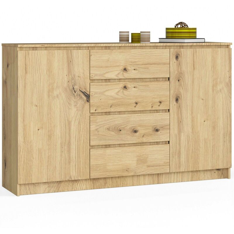 Grande Commode pour le salon Akord K160 Chêne Artisan 160 cm 2 portes 4 tiroirs façade Chêne Artisan 4 étagères 160x40x99 cm