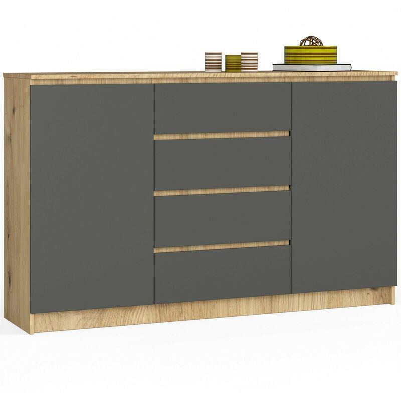 Grande Commode pour le salon Akord K160 Chêne Artisan 160 cm 2 portes 4 tiroirs façade Gris Graphite 4 étagères 160x40x99 cm
