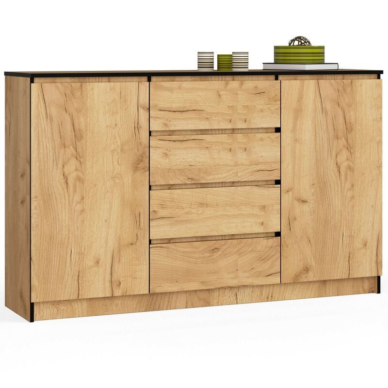 Grande Commode pour le salon Akord K160 Chêne Craft 160 cm 2 portes 4 tiroirs façade Chêne Craft 4 étagères 160x40x99 cm