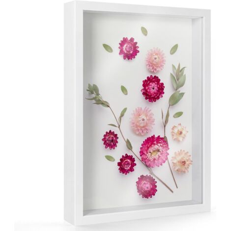Grande cornice per foto 3D A4 - 22,8 x 31,6 cm - Da tavolo o da parete - Contiene oggetti fino a 4,5 cm - Scatola dei ricordi in legno per foto, artigianato, fiori, medaglie, biglietti - Bianco - 3 cm