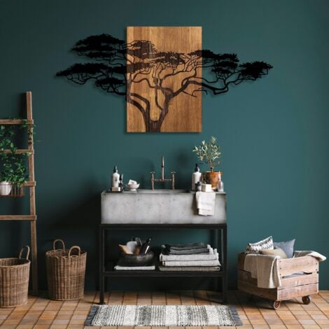 HANAH HOME Grande Décoration Murale Arbre d'Acacia en Bois et Métal, 144x70 cm, Pour Bureau Spacieux ou Salon Exotique