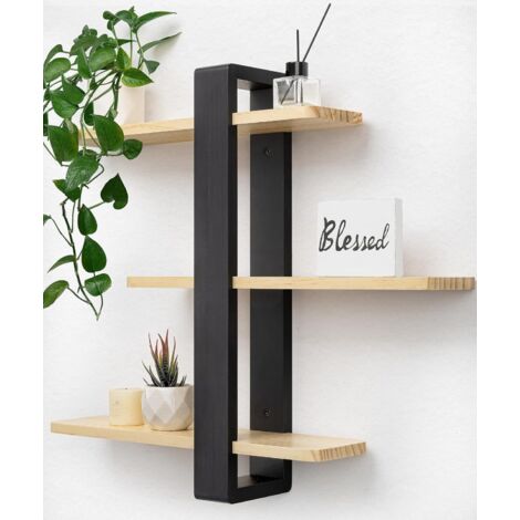 Grande Étagère Murale Longue en Bois Étagère Flottante Ajustable 3 Niveaux 50 x 58 cm Organisateur Suspendu et Décoration pour Maison, Cuisine, Salon, Salle de Bain, Bureau Chambre Noir