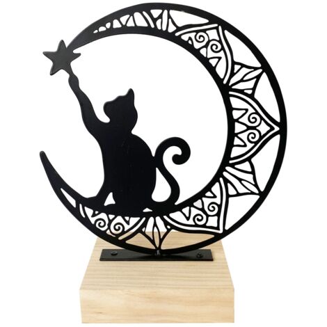 Grande figurine chat avec lune - Déco maison ethnique et originale pour les amoureux des chats