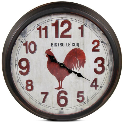 Grande horloge ancienne murale bistro le coq - Métal - Rouge-Bordeaux - Décoration d'Autrefois