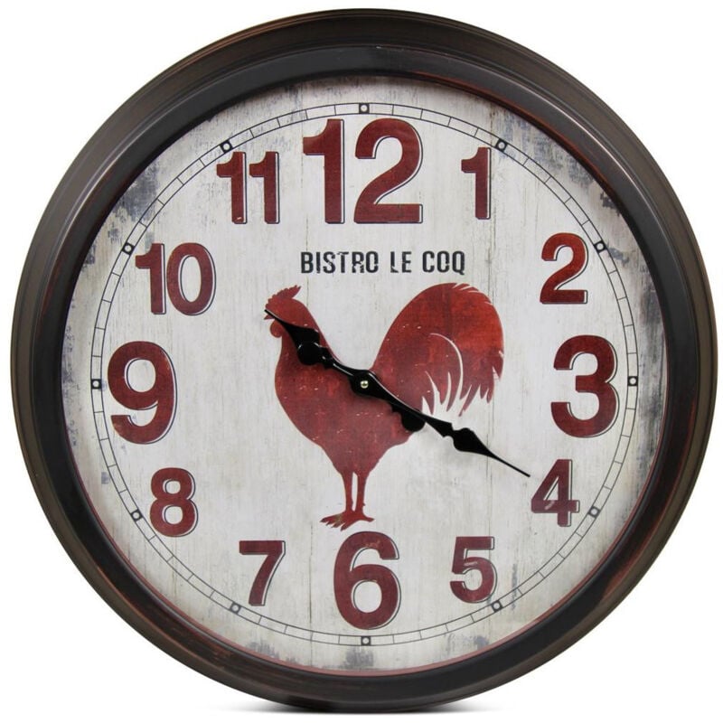 Grande horloge ancienne murale bistro le coq - Métal - Rouge-Bordeaux - Décoration d'Autrefois