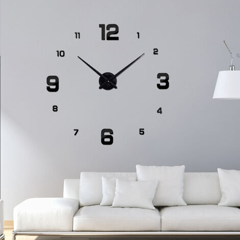 Grande Horloge Murale 3D Silencieuse, Pendule Murale Moderne Design, Métallique sans Cadre Minimaliste Décoration Adhesif Amovible DIY Digitale Geante Aiguilles Salon Horloge Domicile Noir