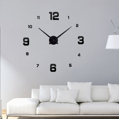 GRECQUEMYTH Grande Horloge Murale 3D Silencieuse, Pendule Murale Moderne Design, Métallique sans Cadre Minimaliste Décoration Adhesif Amovible DIY Digitale Geante Aiguilles Salon Horloge Domicile Noir