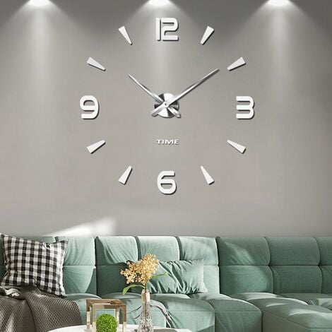 Grande Horloge Murale DIY Silencieuse Moderne Sticker 3D Home Office Decor Cadeau (Argent)-B