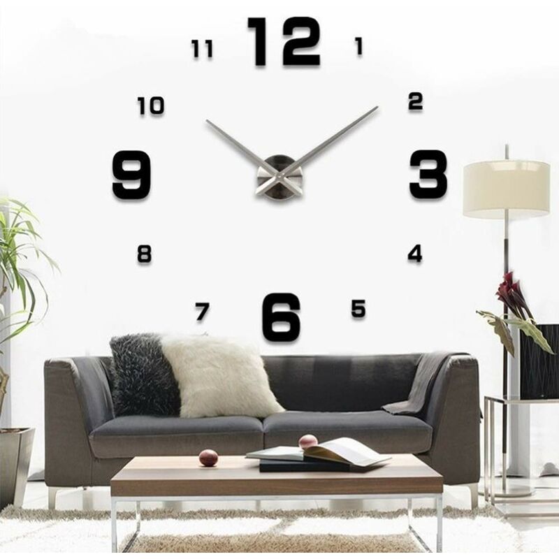 Grande Horloge Murale DIY Silencieuse Moderne Sticker 3D Home Office Decor Cadeau (Noir)