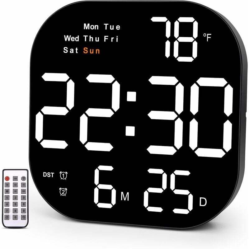 Grande horloge murale, horloge murale numérique 10,55' affichage led, jour de la semaine, date, heure d'été, minuterie, température, 12/24h, horloge