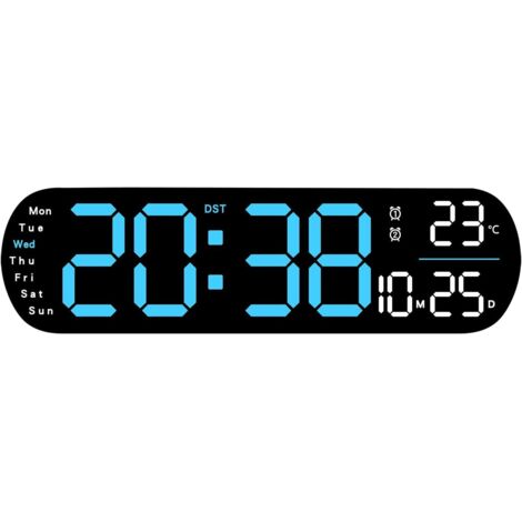 Grande horloge murale numérique, horloge murale LED, alimentée par USB, réglage automatique de la luminosité, avec fonction veilleuse, convient au salon et à la cuisine (bleue).