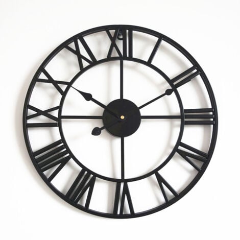 BROMOL Grande horloge murale rétro en fer - Ronde - Silencieuse - Fonctionne avec piles - Chiffres romains - Style vintage - Pour décoration de salon - Noir （40 Cm）