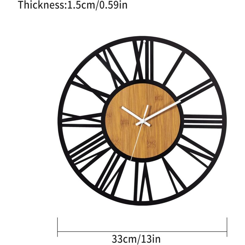 Sunxury - Grande Horloge Murale Ronde en Bois Noir pour décoration de Salon, Chiffres Romains rétro, silencieuse, ne chatouille Pas, Convient pour la