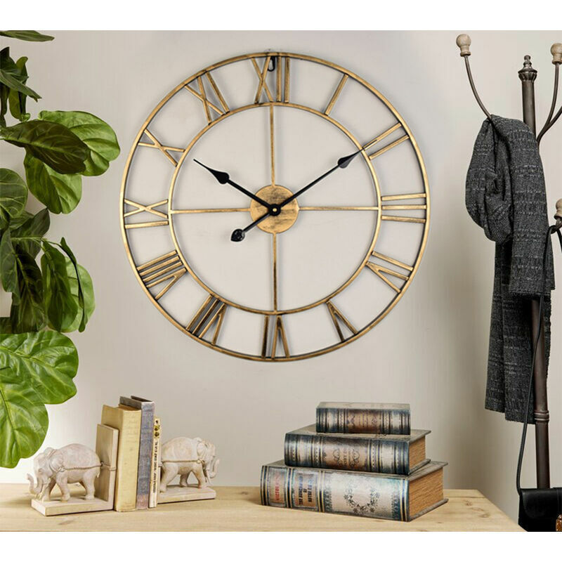 Grande horloge murale ronde en métal de style vintage horloges de salon à chiffres romains noirs à piles sans tic-tac , or