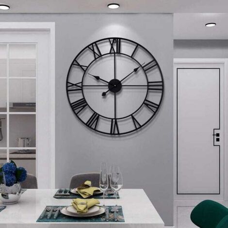 Grande horloge murale ronde en métal de style vintage, silencieuse, sans tic-tac, alimentée par piles, 50 cm, noire.