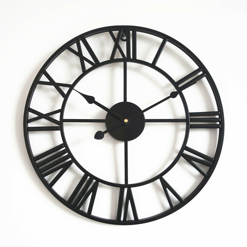 Shining House - Grande Horloge Murale Ronde en métal de Style Vintage Silencieux sans tic-tac à Piles 40 cm horloges à Chiffres Romains Noirs pour