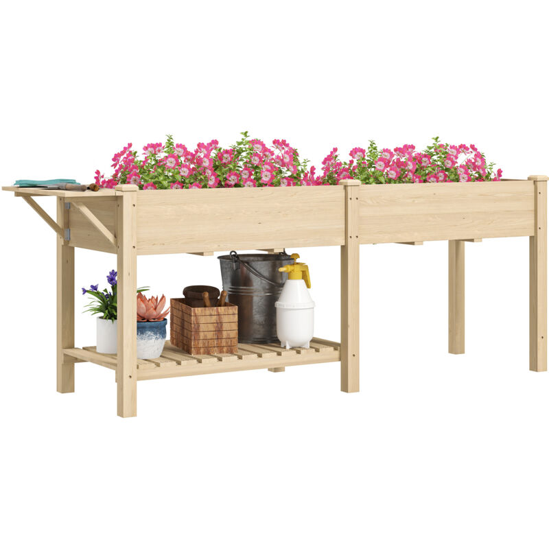Grande jardinière sur pied - carré potager surélevé 2 compartiments - tablette rabattable, étagère - bois