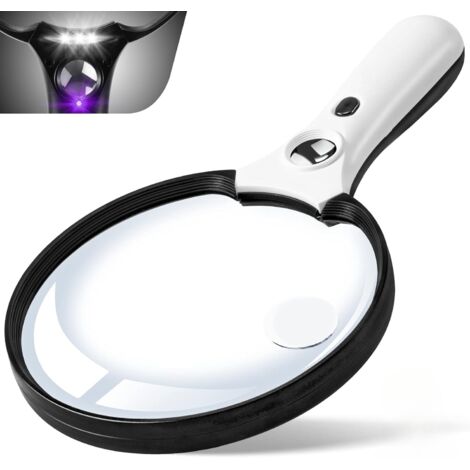 Grande lente d'ingrandimento con lampada, 10x 20x 45x, luce d'ingrandimento portatile con 3 luci LED, panno per la pulizia per la lettura e l'esame per gli anziani (bianco)