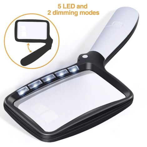 Grande loupe pliante à 5 LED avec éclairage - Loupe de poche 2x, 2 modes d'éclairage réglables - Idéale pour la lecture et l'examen par les personnes âgées