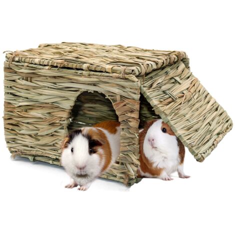 Grande maison en herbe pour cochons d'Inde, cabane en paille tissée à la main, pliable, pour petit animal de compagnie avec double ouverture, cabane pour lapin, cochon d'Inde, chinchilla, furet