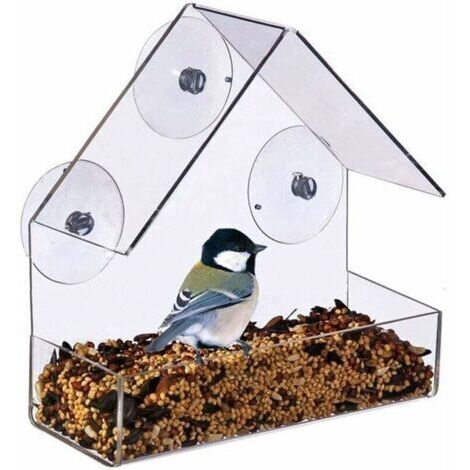 Grande Mangeoire à Oiseaux Exterieur Suspendue, 3 Ventouses Collantes Fortes, Acrylique Transparent Bird Feeder Étanche La Pluie Mangeoire Oiseaux