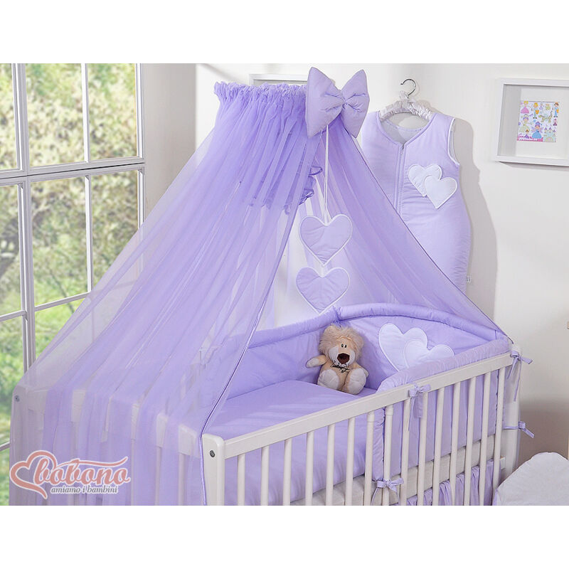Grande moustiquaire en mousseline pour lit bébé avec cœurs suspendus et nœud - violet