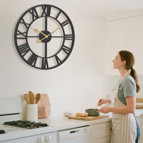 Grande orologio da parete, 40 cm, scheletro nero, moderno, decorativo, grandi numeri romani, orologio da parete silenzioso vintage per soggiorno, cucina, ufficio, camera da letto, camino, casa