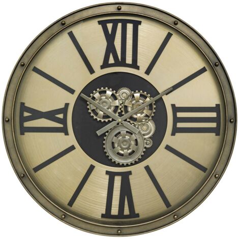 Grande Pendule murale Argent style industriel avec rouages mobiles D 80 cm - Atmosphera