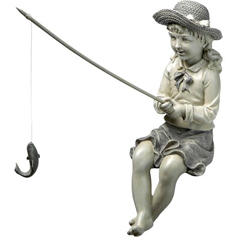 Grande Prise de Pêcheuse Statue de Pêcheur pour Jardin, 28 cm, polyrésine, deux tons pierre