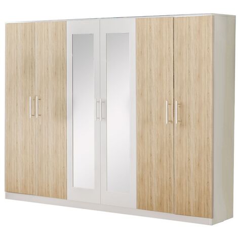 Grande rrmoire de chambre 6 portes battantes bois blanc brillant et bois naturel mat Dova 242cm