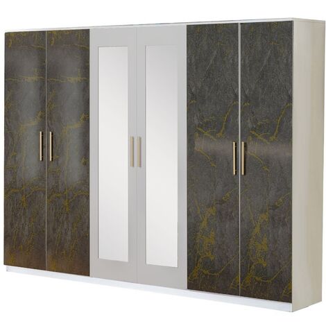 Grande rrmoire de chambre 6 portes battantes bois blanc et bois gris brillant marbré doré Dova 242cm