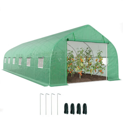 Grande serre tunnel 8x3x2m verte, cadre acier, bâche PE résistante, porte enroulable + 12 fenêtres, jardin extérieur