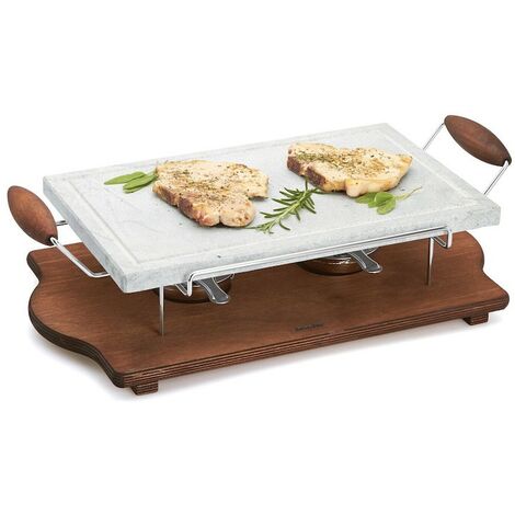 Grande stéatite rectangulaire avec cadre chromé et poêle sur socle en bois wengé