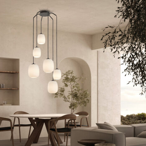 Grande suspension 6 lampes verre opale Jap