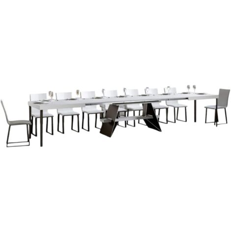Grande table à rallonges bois blanc et pieds acier gris foncé 8 à 20 places 180 à 440cm Klaro