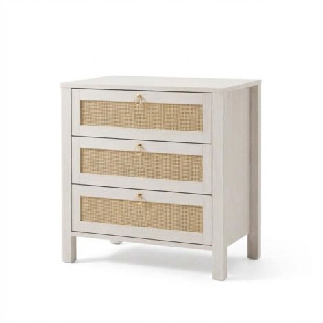 Grande Table De Chevet En Rotin Blanc, Table De Nuit BohèMe à 3 Tiroirs, Commode En Bois Pour Chambre à Coucher