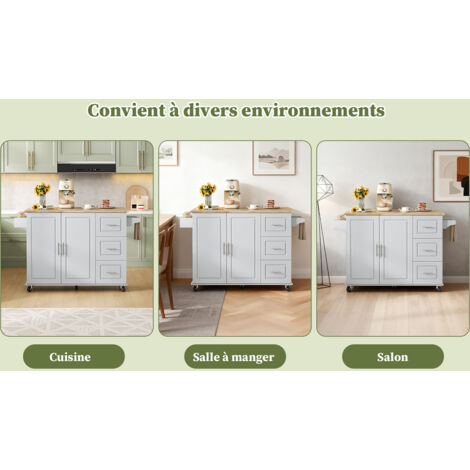 Grande table de cuisine mobile (1377692 cm), design pliable, meuble multifonctionnel, 3 tiroirs, porte-serviettes, convient aux cuisines et salles à manger.