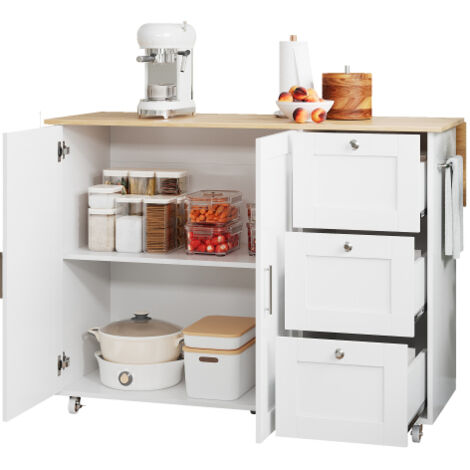 Grande table de cuisine mobile, plateau en chêne, pliable, meuble polyvalent, équipée de 3 tiroirs et d'un porte-serviettes, 135 cm de long x 44 (70) cm de large x 90 cm de haut — idéale pour la cuisi
