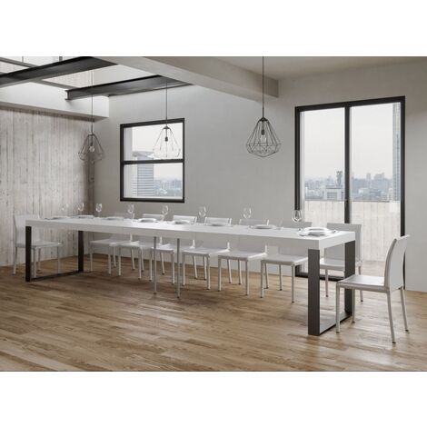 Grande table extensible 8 à 20 places L 180 à 440 cm blanche et pieds métal anthracite Tiroz - Rallonges 5 rallonges fines - Support 2 pieds